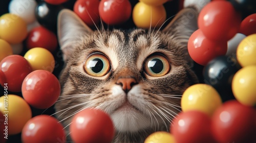 A cat with wide, expressive eyes is nestled among bold, vibrant colored spheres, capturing a captivating scene of curiosity and amazement. photo