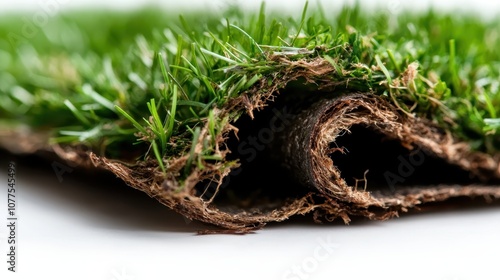 A detailed close-up view of artificial turf showcasing the texture and layers, highlighting the lush green blades and realistic appearance of synthetic grass. photo