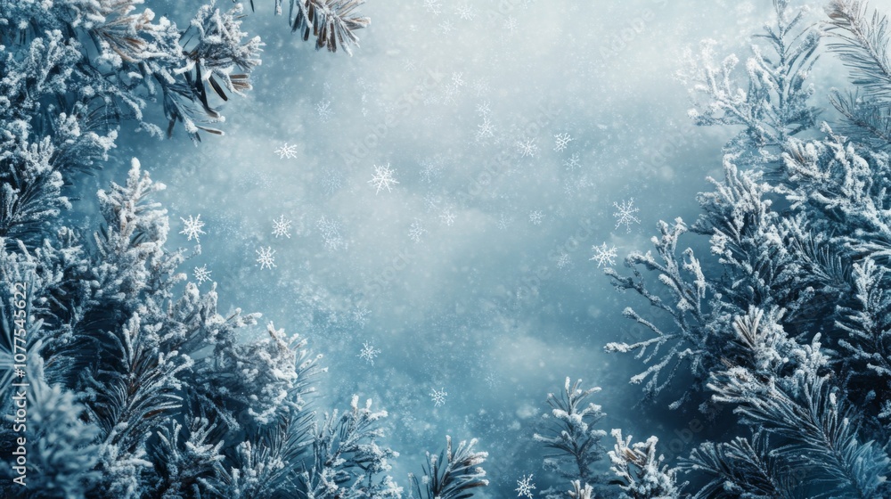 Snow-Covered Evergreen Branches with Falling Snowflakes Snow-Covered Evergreen Branches with Falling Snowflakes