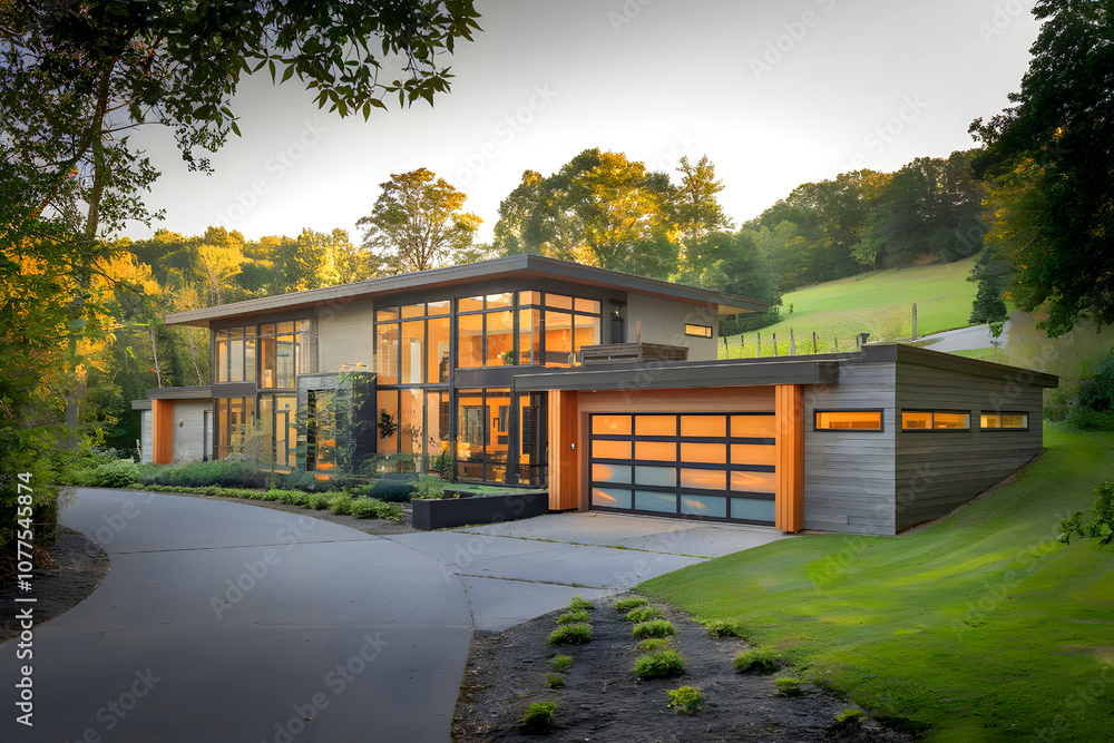Fototapeta premium Modern new house with garage, sunny day.