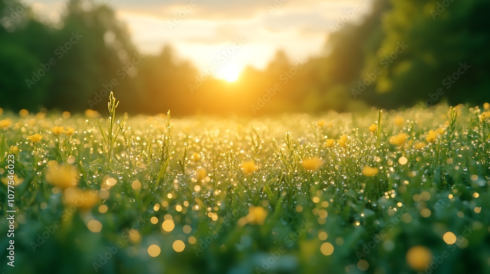Obraz premium Golden sunlight over dewy grass and flowers