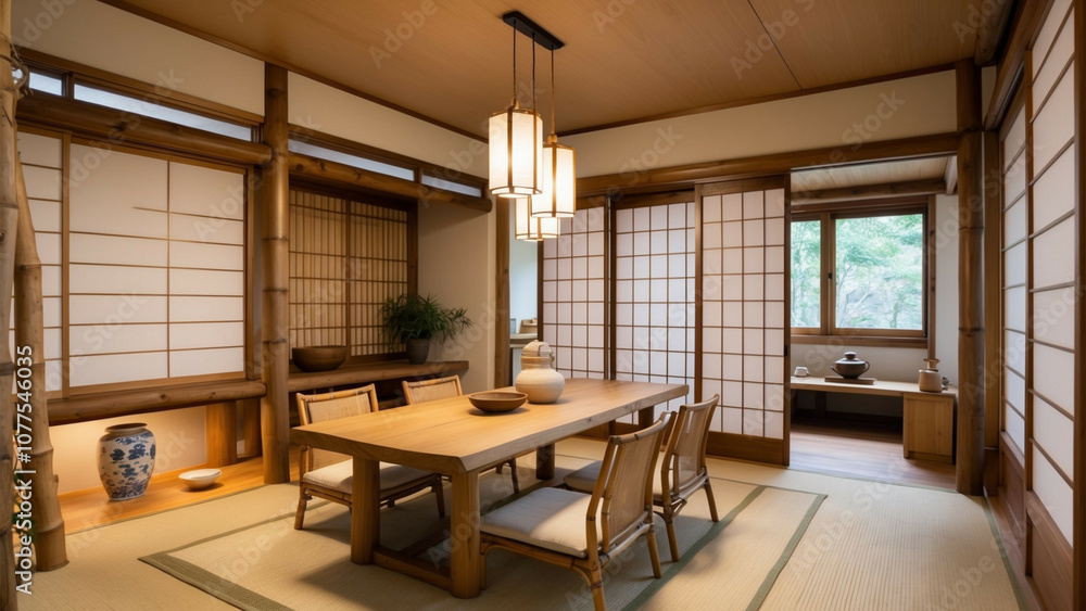 Imagine an elegant Japanese-inspired dining space with clean lines, neutral colors, and natural wood elements. Include a central dining table with low seating, hanging paper lanterns, 