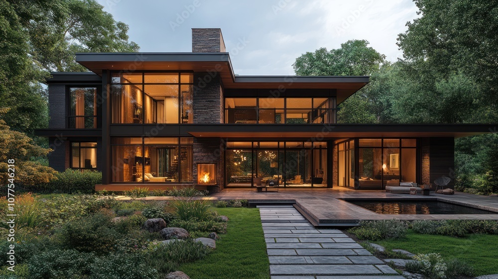 Modern home with large windows and landscaped garden at dusk. Modern home with large windows and landscaped garden at dusk.
