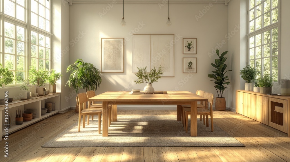 Bright and airy dining room with wooden furniture and plants. Bright and airy dining room with wooden furniture and plants.
