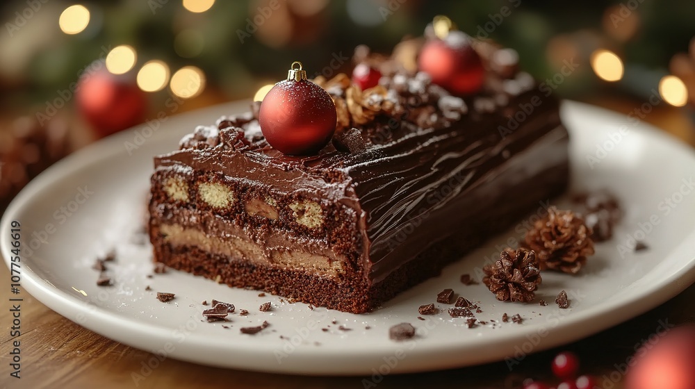 Festive Chocolate Yule Log Cake with Christmas Ornament Festive Chocolate Yule Log Cake with Christmas Ornament