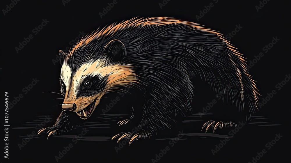 Obraz premium A Detailed Illustration of a Badger with a Black Background