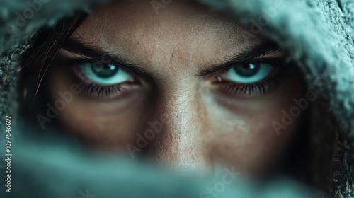 An enigmatic figure with fierce eyes peeking through a hood, emanating an air of mystery and intensity, set against a blurred environment, captivating viewers.