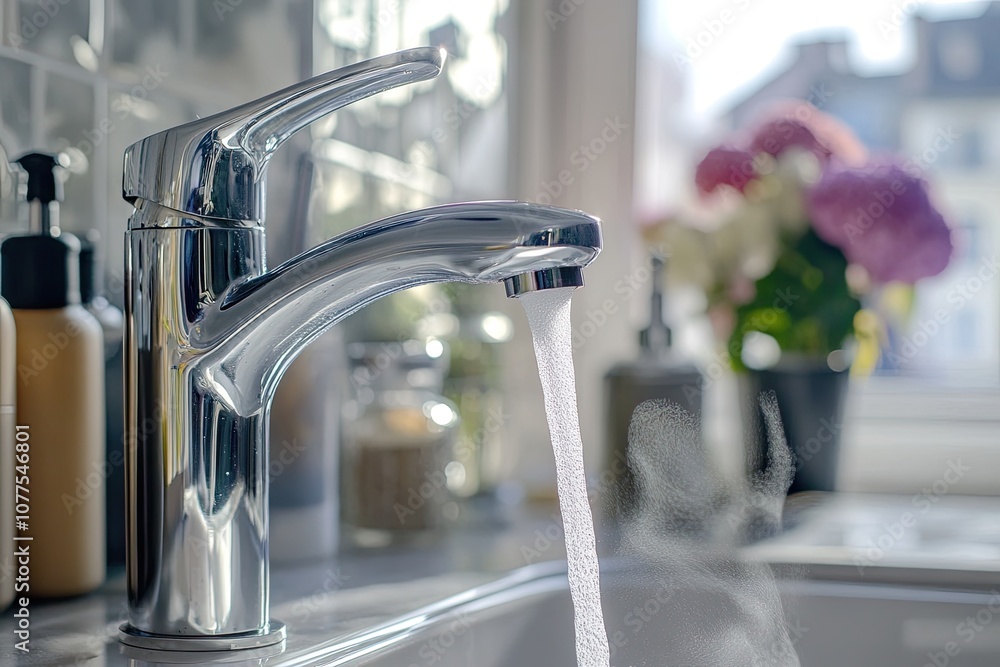 A silver faucet with water flowing from it. This photo can be used to illustrate water conservation, cleanliness, or plumbing. A silver faucet with water flowing from it. This photo can be used to illustrate water conservation, cleanliness, or plumbing.