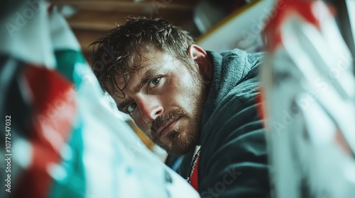 A bearded man, his intense gaze cutting through a tight, claustrophobic space, conveys a sense of urgency and contemplation amid confined surroundings.