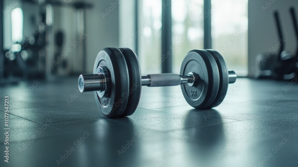 A dumbbell resting on a gym floor, ready for workout use. A dumbbell resting on a gym floor, ready for workout use.
