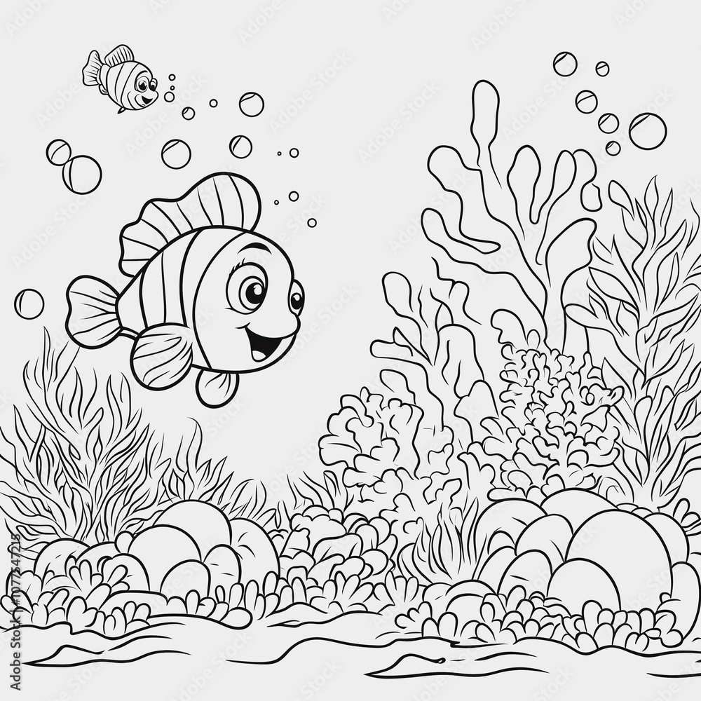 Fototapeta premium Happy Cartoon Fish Swimming Among Seaweed and Coral in an Underwater Scene with Bubbles and Vibrant Marine Life for Coloring Activities