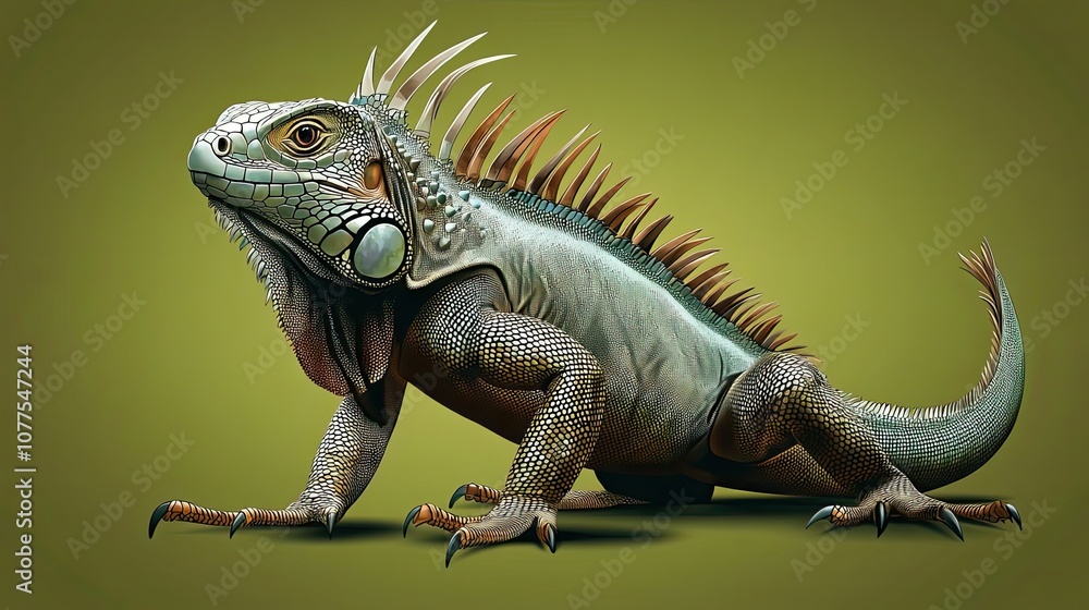 Obraz premium Green Iguana Lizard with Spiky Back and Tail