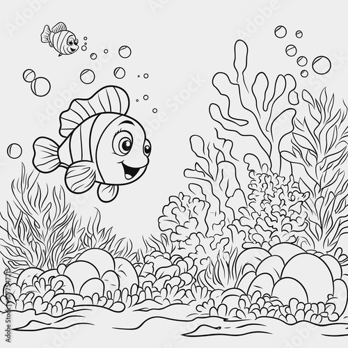 Wallpaper Mural Happy Cartoon Fish Swimming Among Seaweed and Coral in an Underwater Scene with Bubbles and Vibrant Marine Life for Coloring Activities Torontodigital.ca