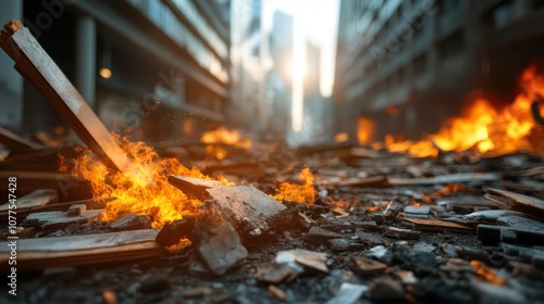 A city street is engulfed in flames and debris, depicting destruction and chaos, with rising fire and scattered wreckage amidst a blazing urban landscape.