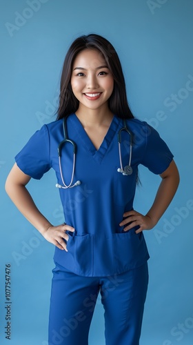 Beautiful Asian Nurse Smiling with Hands on Hips, Solid Light Blue Background, Health Professional in Medical Uniform photo