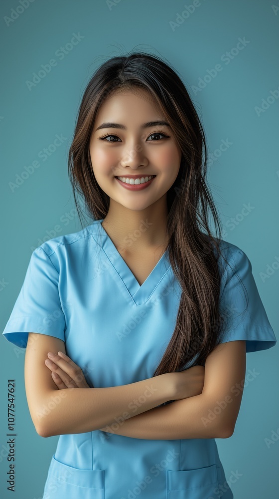 Confident Smiling Asian Nurse with Arms Crossed, Solid Turquoise Background, Healthcare Professional, Medical Worker Confident Smiling Asian Nurse with Arms Crossed, Solid Turquoise Background, Healthcare Professional, Medical Worker
