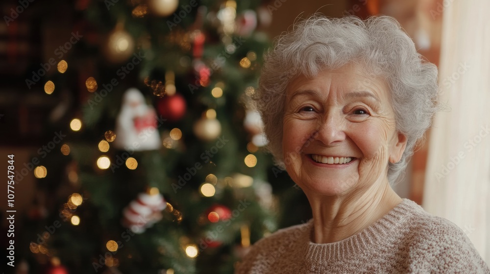 Elderly woman joyfully smiling by a Christmas tree Elderly woman joyfully smiling by a Christmas tree