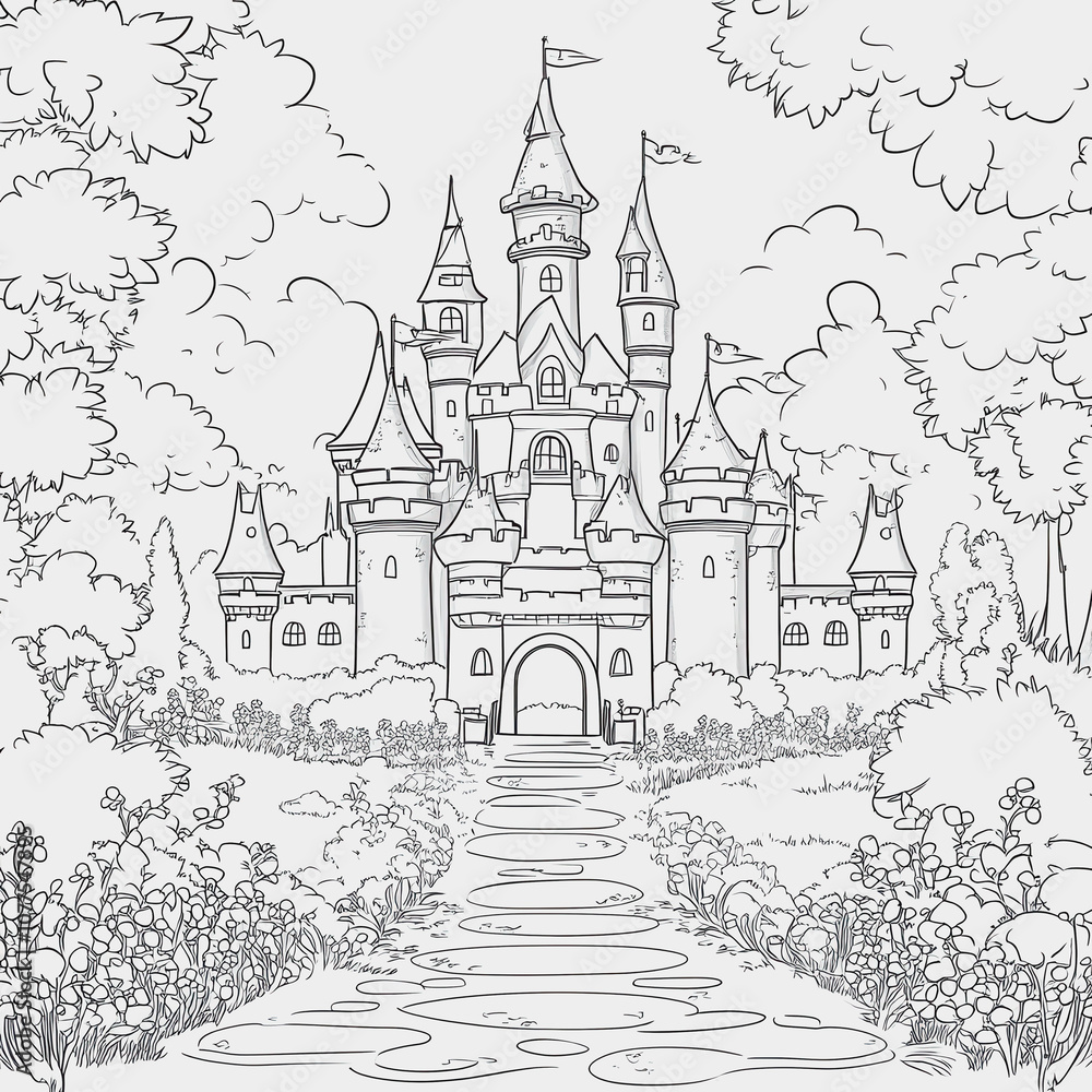 Enchanted Castle with Turrets Surrounded by Lush Foliage and Flowering Garden Pathway, Perfect for Fantasy Illustrations and Storybook Designs Enchanted Castle with Turrets Surrounded by Lush Foliage and Flowering Garden Pathway, Perfect for Fantasy Illustrations and Storybook Designs