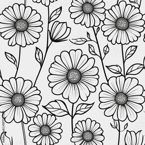 Wallpaper Mural Black and White Floral Pattern Featuring Hand-Drawn Daisies and Leaves, Perfect for Textiles, Wallpapers, and Print Design Projects Torontodigital.ca