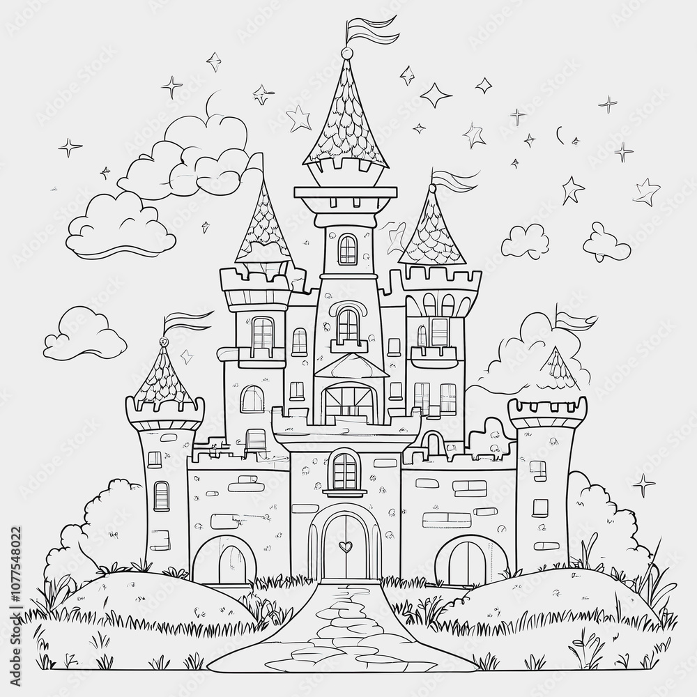 Enchanted Fairy Tale Castle Illustration with Towers, Flags, Trees, Clouds, and Stars, Capturing a Magical Realm for Children’s Imagination and Storytelling Enchanted Fairy Tale Castle Illustration with Towers, Flags, Trees, Clouds, and Stars, Capturing a Magical Realm for Children’s Imagination and Storytelling