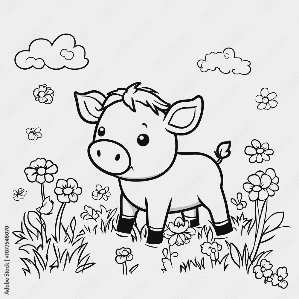 Charming Cartoon Piglet Surrounded by Colorful Flowers and Playful Clouds in a Simple Black and White Style Perfect for Kids' Coloring Activities and Educational Materials Charming Cartoon Piglet Surrounded by Colorful Flowers and Playful Clouds in a Simple Black and White Style Perfect for Kids' Coloring Activities and Educational Materials