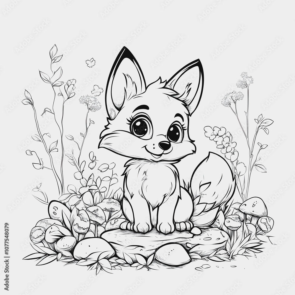 Obraz premium Cute and Playful Fox Character Surrounded by Wildflowers and Mushrooms in a Charming Illustrative Style, Perfect for Children's Books and Creative Projects
