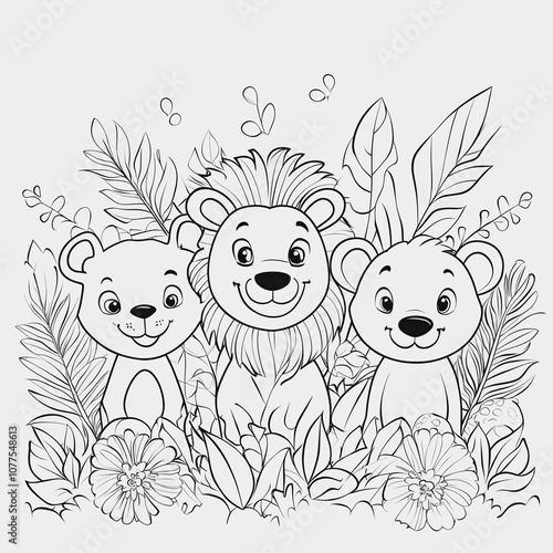 Cute Cartoon Animals in a Jungle Scene Featuring a Bear, Lion, and Another Bear Surrounded by Tropical Plants and Flowers in a Black and White Outline Drawing photo