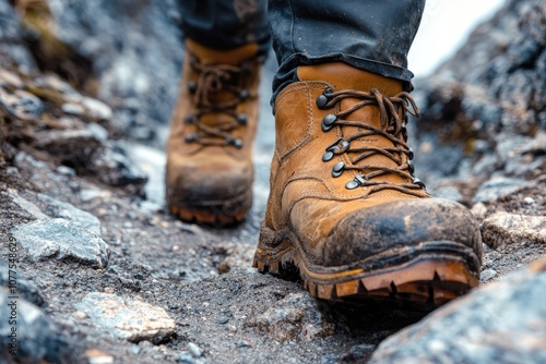 Close-up of worn hiking boots on rocks. Perfect for representing adventure, exploration, or rugged terrain.