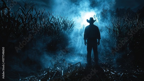 A lone figure stands in a cornfield at night, shrouded in mist and illuminated by a distant light.