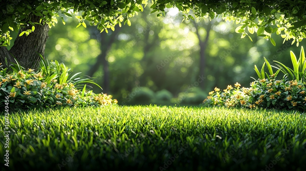 A serene garden scene with lush grass, vibrant flowers, and dappled sunlight. A serene garden scene with lush grass, vibrant flowers, and dappled sunlight.