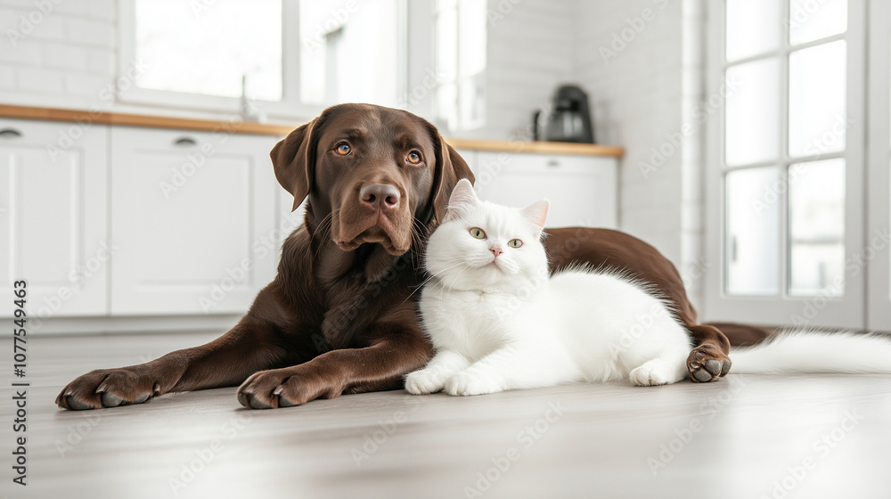 Chocolate Labrador and fluffy white cat lying together on the floor in a bright kitchen, symbolizing friendship, comfort, and harmony between pets, perfect for themes of companionship, home life