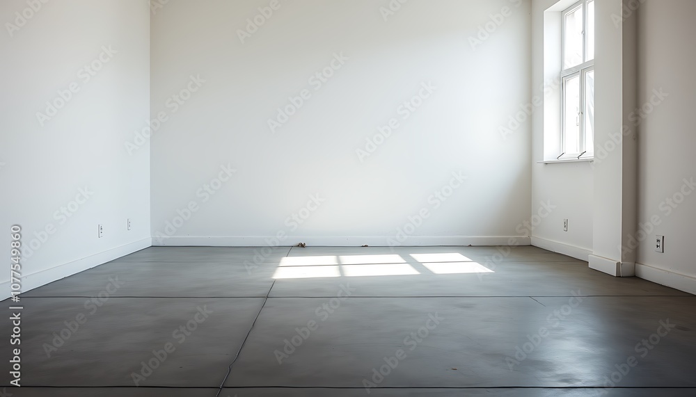 A minimalist, empty room with a large window on one side, letting in a soft, natural light that casts a subtle glow on the cold, grey concrete floor. A minimalist, empty room with a large window on one side, letting in a soft, natural light that casts a subtle glow on the cold, grey concrete floor.