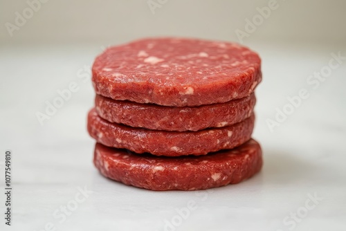 Stack of raw burger patties. Perfect for a website or advertisement showing raw meat, fresh ingredients, and a simple, clean kitchen.