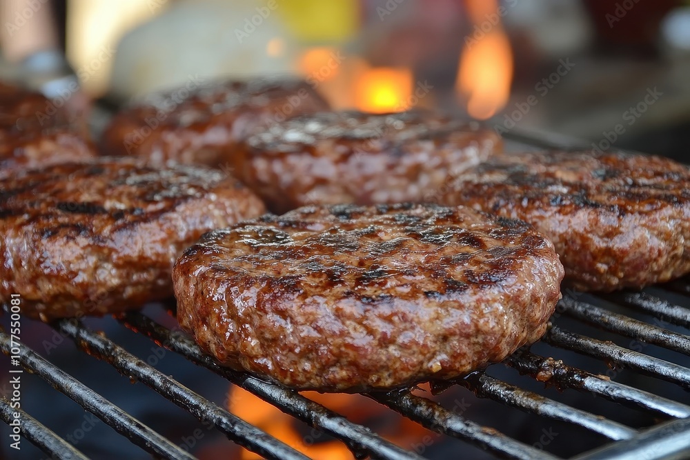 Juicy grilled hamburger patties on the grill. Perfect for showing the process of grilling and cooking food. Juicy grilled hamburger patties on the grill. Perfect for showing the process of grilling and cooking food.