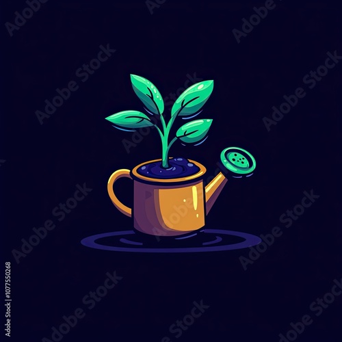 A Green Plant Growing Out of a Yellow Watering Can