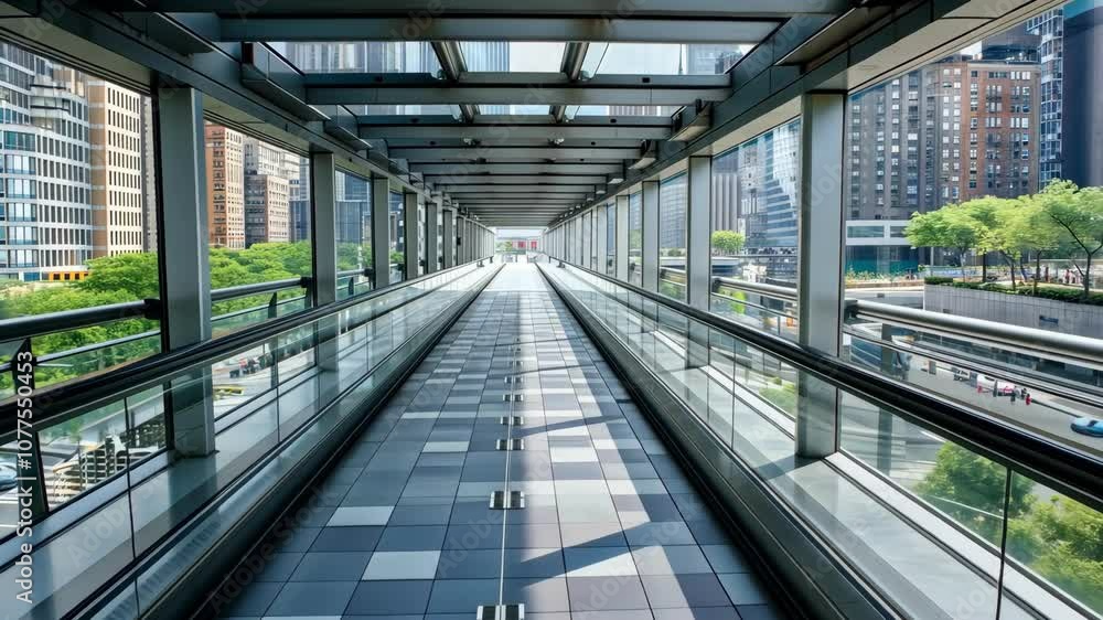 Bright Sunlit Pedestrian Walkway Tunnel with Cityscape Views and Glass Panels Bright Sunlit Pedestrian Walkway Tunnel with Cityscape Views and Glass Panels