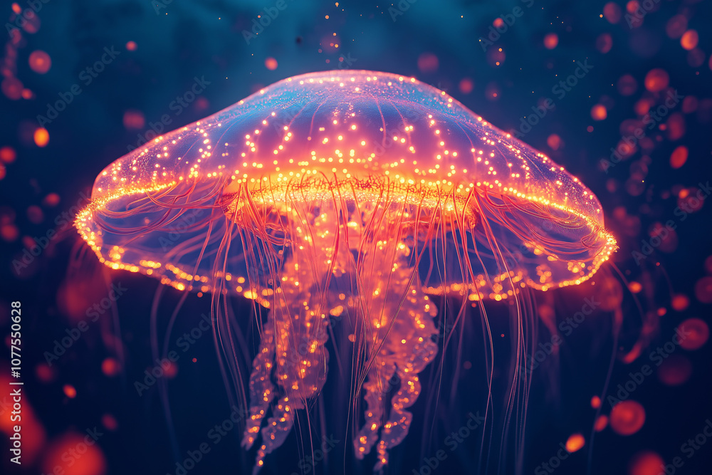 Glowing bioluminescent jellyfish floating in dark underwater ocean ...