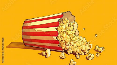 Spilled Popcorn in Red and White Striped Bucket on Yellow Background photo