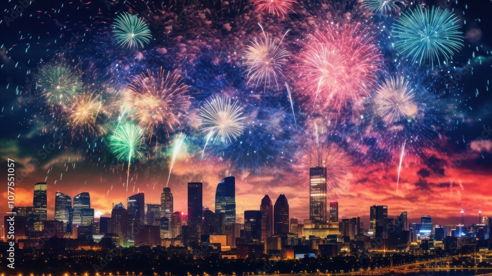 Obraz premium Cityscape with Fireworks Display
