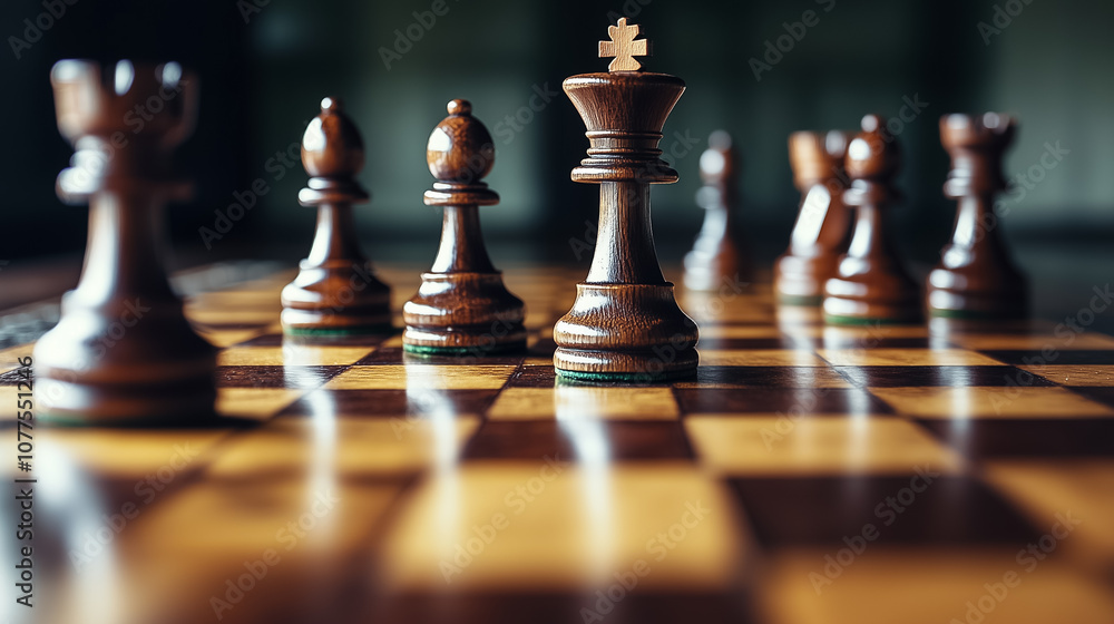 Chess pieces strategically advance on a wooden board, showcasing an intense battle of wits in a quiet setting Chess pieces strategically advance on a wooden board, showcasing an intense battle of wits in a quiet setting