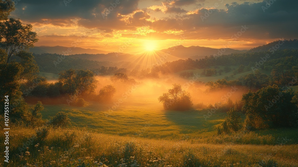 Serene sunrise over misty hills and lush green fields. Serene sunrise over misty hills and lush green fields.