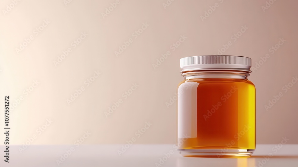 Natural Honey Jar on Minimalist Display with Soft Lighting, Perfect for Editorial Use, Showcasing Pure Honey in an Aesthetic Setting