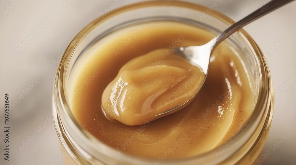 A Close-Up of a Spoonful of Smooth Applesauce Scooped from a Glass Jar, Served on a Small Dish Against a Soft Marble Background, Perfect for Culinary Imagery A Close-Up of a Spoonful of Smooth Applesauce Scooped from a Glass Jar, Served on a Small Dish Against a Soft Marble Background, Perfect for Culinary Imagery