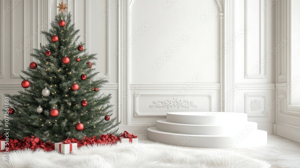 A beautifully decorated Christmas tree stands in a bright white living room, adorned with red and silver ornaments. A beautifully decorated Christmas tree stands in a bright white living room, adorned with red and silver ornaments.