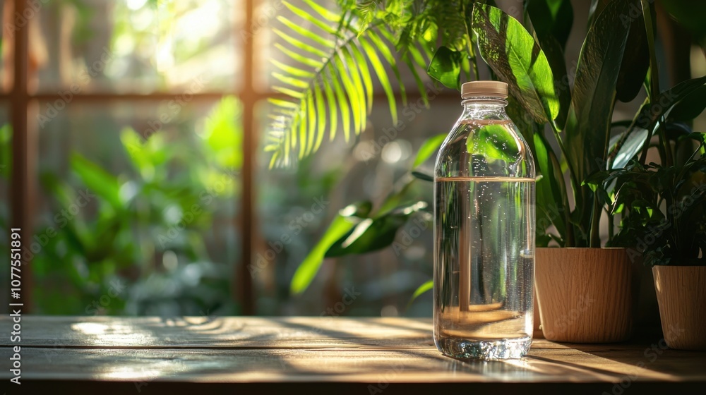 A Clear Water Bottle on a Wooden Table Surrounded by Lush Greenery and Leafy Plants in a Bright, Natural Light Setting A Clear Water Bottle on a Wooden Table Surrounded by Lush Greenery and Leafy Plants in a Bright, Natural Light Setting