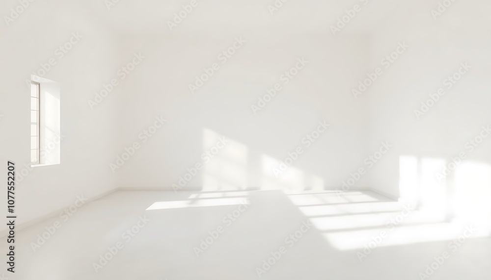 Fototapeta premium A serene minimalist sanctuary, devoid of clutter, bathed in soft, ethereal light that dances across a neutral-hued backdrop, as an empty.