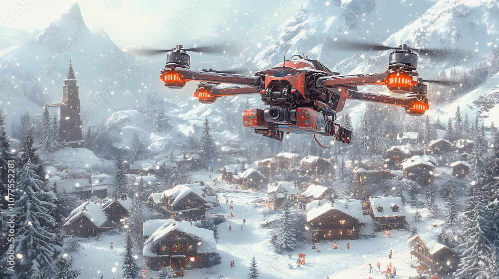 Christmas Gift Delivery by Drone in Snowy Forest - Christmas drones transporting a gift box over a town with a festive winter atmosphere. Parcel delivery drones Christmas Gift Delivery by Drone in Snowy Forest - Christmas drones transporting a gift box over a town with a festive winter atmosphere. Parcel delivery drones