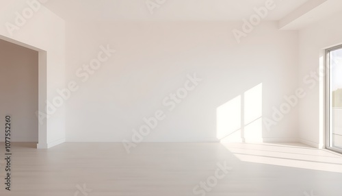 A minimalist and serene space with a completely empty room, devoid of any furniture, decorations, or personal belongings, with a subtle neutral-colored background and soft, natural light illuminating.