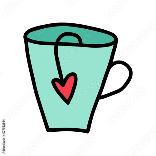 Blue cup with heart on tea bag tip in doodle style isolated on white background. Hand drawn cute cup for Valentine's Day, weddings. Concept: love, warmth with charming cup design for special moments