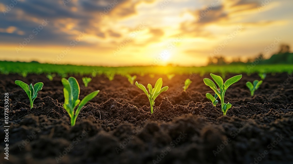 Green Seedlings Emerging From Dark Soil at Sunset - Realistic Photo Green Seedlings Emerging From Dark Soil at Sunset - Realistic Photo